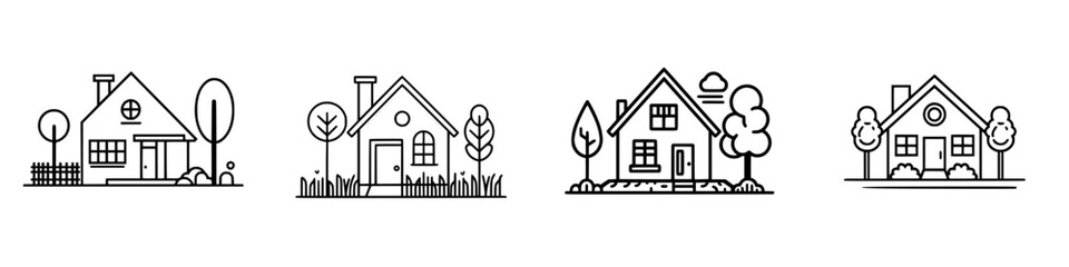 Poster - Vector illustration of four distinct house designs showcasing modern architectural features with trees and fences