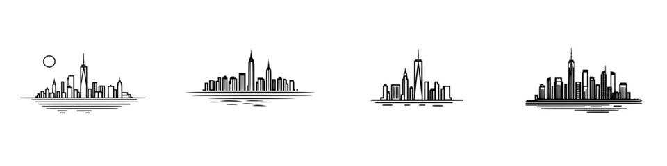 Poster - Stylized vector icons showcasing a city skyline at various times of day with different architectural designs in black and white