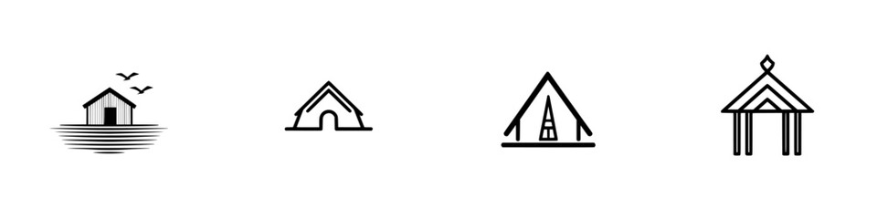 Poster - Vector illustration icons of various types of structures including houses, tents, and pavilions set against a minimalist background