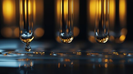 Poster - water drops dripping from a test tube, backlit to highlight the fluid motion and transparency