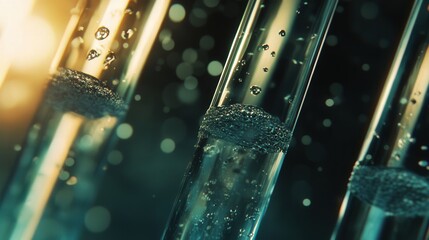 Poster - water drops dripping from a test tube, backlit to highlight the fluid motion and transparency