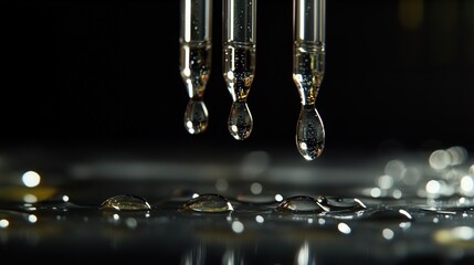 Poster - water drops dripping from a test tube, backlit to highlight the fluid motion and transparency