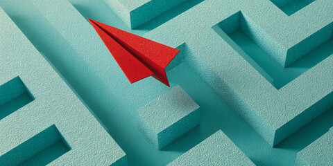 Poster - red paper airplane navigating teal textured maze, symbolizing problem-solving, innovation, and findi