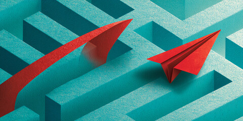 Poster - red paper airplanes navigate a teal textured maze, symbolizing problem-solving, innovation, and find