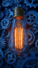 Poster - illuminated edison bulb amidst intricate gears, showcasing innovation, mechanics, and bright ideas, 