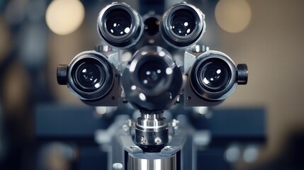 Poster - the microscope head, emphasizing its multiple lenses and precise engineering for research