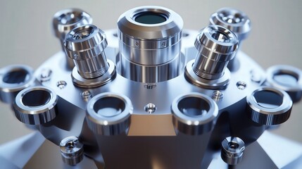 Poster - the microscope head, emphasizing its multiple lenses and precise engineering for research