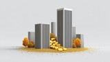 Abstract digital artwork showing layered skyscrapers, golden coins flowing into a portfolio folder, symbolizing property investment growth