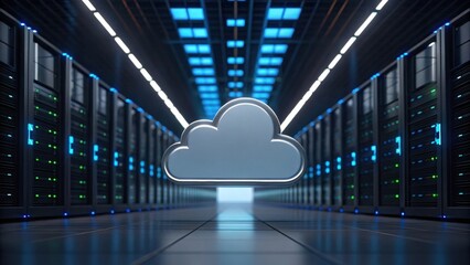 Poster - Digital cloud storage concept in a modern data center with server racks.