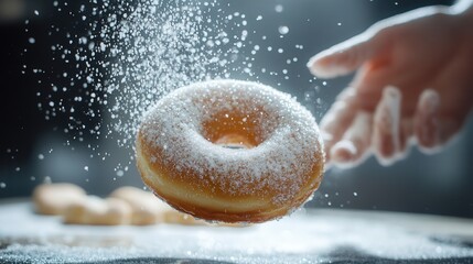 Poster - donut is being lifted out of a tray, its surface covered in glistening sugar crystals that catch the light beautifully, creating an irresistible visual appeal.