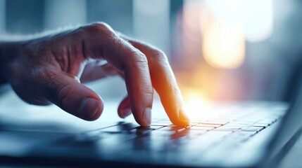 A close-up shows a hand typing on a laptop keyboard, bathed in a warm, soft glow. The focus is on the fingers.