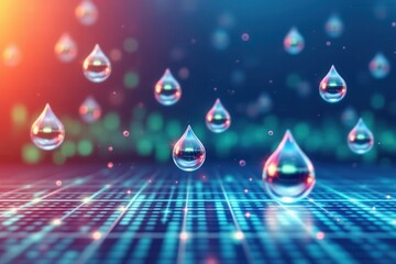Poster - Hair Care Technology Concept. Colorful droplets on a digital grid create a vibrant, abstract visual effect.