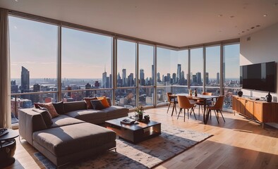 Poster - Large white sectional sofa is in a living room with a view of the water. The room is well-lit and has a modern, clean look