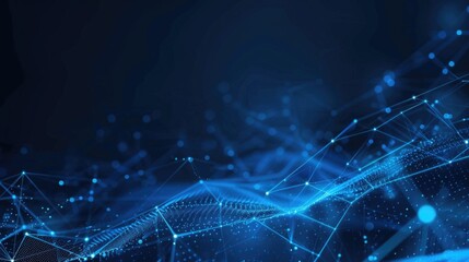 Poster - Abstract blue digital network background with lines and nodes. Background image of glowing digital wave waving and flowing at blue background. Network. Technology and data visualization design. AIG55.
