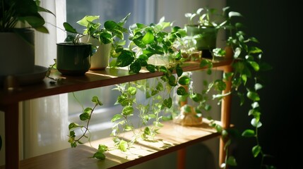 Poster - bright and vibrant indoor plants thrive on a wooden shelf by the window in the morning light