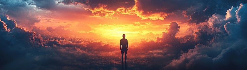 Wall Mural - Contemplative individual gazing at a breathtaking sunset above the clouds digital artwork serene environment wide-angle perspective