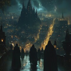 Wall Mural - Dark fantasy scene with hooded figures enchanted city digital art mysterious atmosphere bird's eye view surreal concept