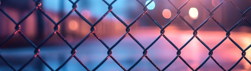 Poster - Urban night scene chain-link fence city streets photo nighttime close-up isolation and reflection
