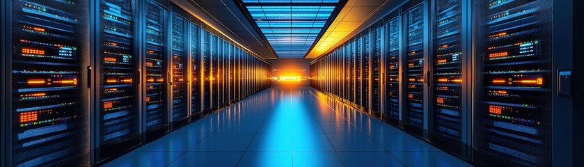Poster - Exploring server room technology data center digital infrastructure modern environment wide angle connectivity concept