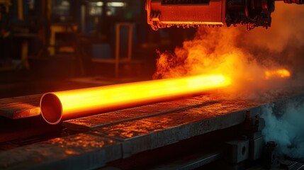 Poster - steel billet being shaped into a pipe at a rolling mill, with smoke and heat creating a dramatic industrial atmosphere.