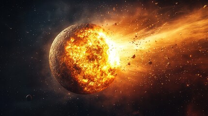 Wall Mural - Catastrophic meteor strike outer space digital art cosmic environment dynamic viewpoint apocalyptic concept