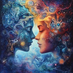 Poster - Emotional connection between two cosmic beings surreal art digital illustration vibrant universe close up spirituality