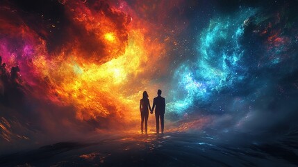 Wall Mural - Cosmic connection lovers in a celestial landscape digital art surreal environment emotional viewpoint