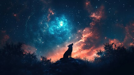 Wall Mural - Ethereal night howling cosmic landscape digital art vast universe high perspective mystical connection