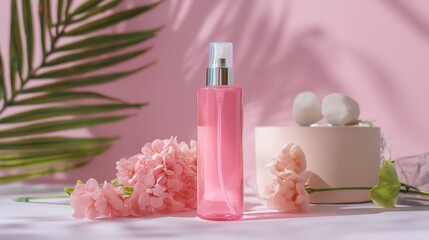Poster - pink bottle of skincare product surrounded by flowers and natural elements in a soft, pastel setting
