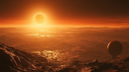 Poster - Celestial event sunrise over alien landscape extraterrestrial planet digital art sci-fi environment wide angle view cosmic concept