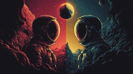 Wall Mural - Astronauts encountering celestial bodies outer space digital art cosmic environment dual viewpoint sci-fi concept
