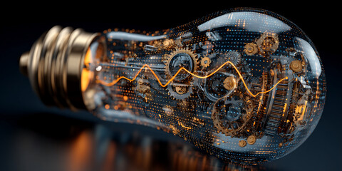 Poster - glass bulb filled with intricate gears and glowing orange line, symbolizing innovation, mechanism, a