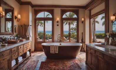 Fototapete - Large bathroom with a bathtub and a mirror. The bathroom is decorated with a lot of wood and has a view of the ocean