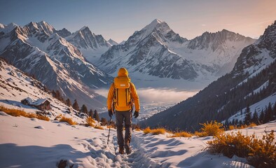 Poster - Man in a yellow jacket is walking on a snowy mountain trail. The mountains in the background are covered in snow, and the sky is clear and blue. The man is carrying a backpack and he is enjoying the