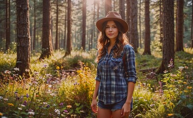 Aufkleber - Woman wearing a plaid shirt and a brown hat stands in a field of flowers. She looks happy and content