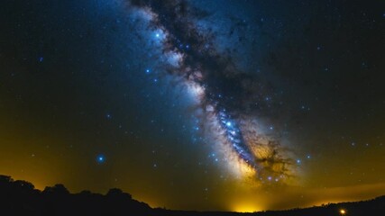 Wall Mural - Night sky panorama with blue hues, Milky Way, and stars on a dark background