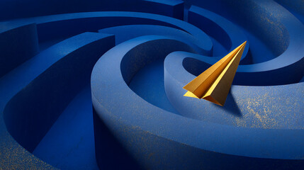 Poster - golden paper airplane in a blue maze, showcasing a concept of challenge, navigation, or problem-solv