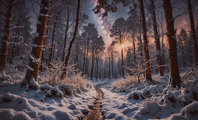Poster - Snowy forest with a path through it. The sky is dark and the stars are visible. The moon is shining brightly in the sky