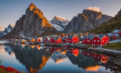Poster - Beautiful mountain town with red houses and a lake in the background. The houses are small and red, and the lake is calm and peaceful. The scene is serene and picturesque