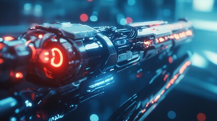 Aufkleber - futuristic rifle, featuring sleek metallic finishes, advanced optics, and integrated LED lights, placed on a reflective surface