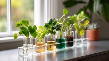 Poster - indoor plant propagation display with various cuttings in glass containers by a bright window