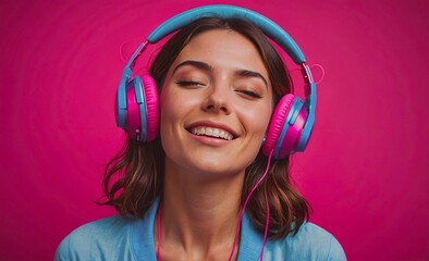 Poster - Woman wearing headphones and smiling. The headphones are pink and blue