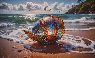 Fototapete - Large, colorful shell is laying on the beach. The shell is surrounded by water and the sky. The scene is peaceful and serene, with the waves gently lapping at the shore