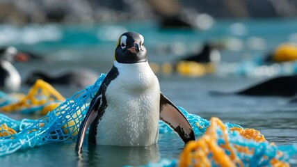 Wall Mural - marine plastic pollution and nature conservation theme - penguin ensnared in plastic net