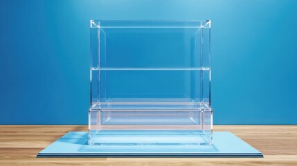 Poster - Minimalist Clear Acrylic Display Case on Blue Platform Against Blue Backdrop Studio Shot Product Showcase