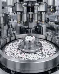 Aufkleber - Close up of pharmaceutical manufacturing equipment filling pills in a factory setting automated industrial process machinery
