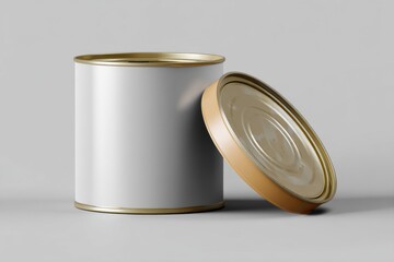 Poster - White Blank Tin Can Mockup with Golden Lid Leaning on Can Studio Shot Clean Minimalist Style