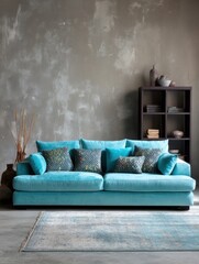 Leinwandbilder - Stylish turquoise sofa with decorative pillows in a modern living room interior design setting with a textured wall and rug