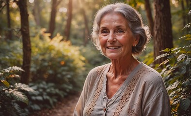 Aufkleber - Woman is smiling in a forest. She is wearing a white shirt and a gray sweater. The forest is lush and green, and the sunlight is shining through the trees. The woman is happy and content in her