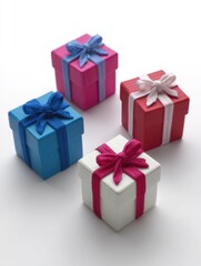 Poster - Colorful gift boxes arranged on white surface studio shot of four presents with ribbons and bows for holiday celebration